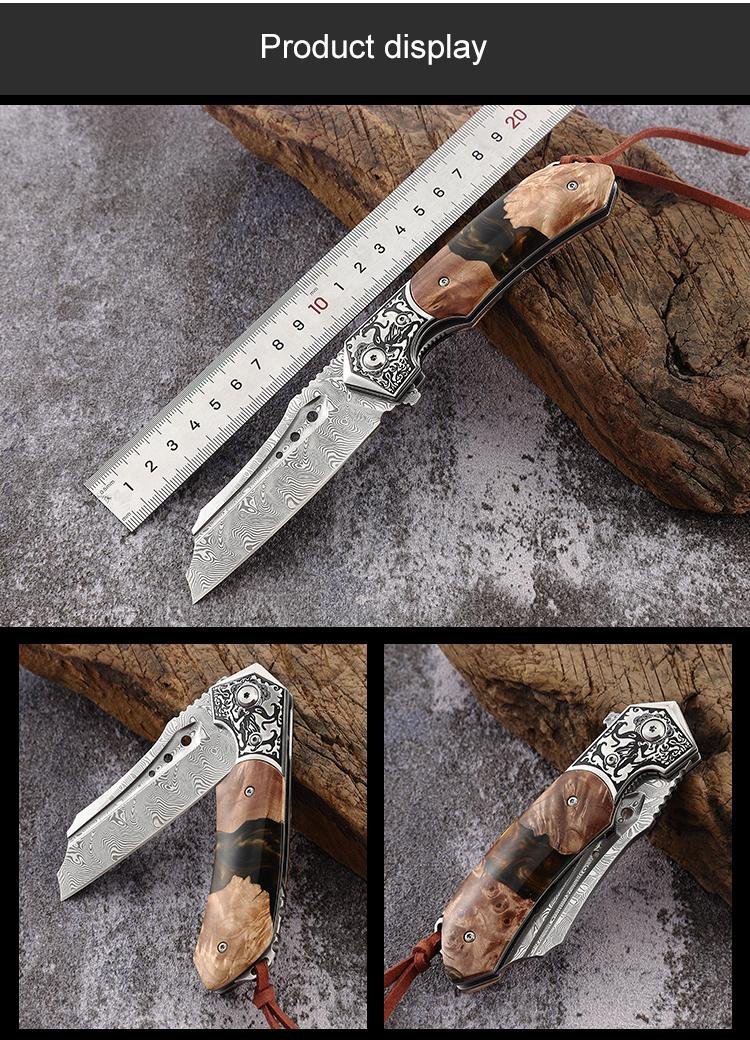 Gift Collection Custom flower wood handle Damascus folding knife Outdoor camping 4