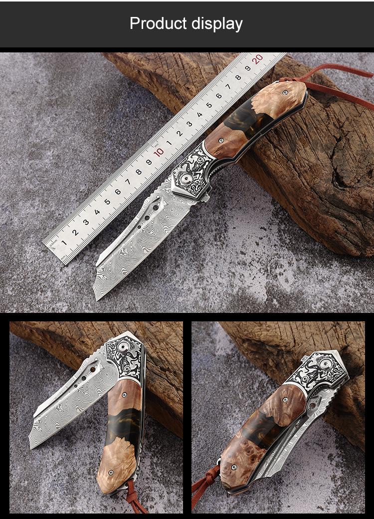 Gift Collection Custom flower wood handle Damascus folding knife Outdoor camping 5