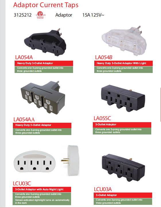 UL/ETL 15A 125V  Adaptor Current Taps 2