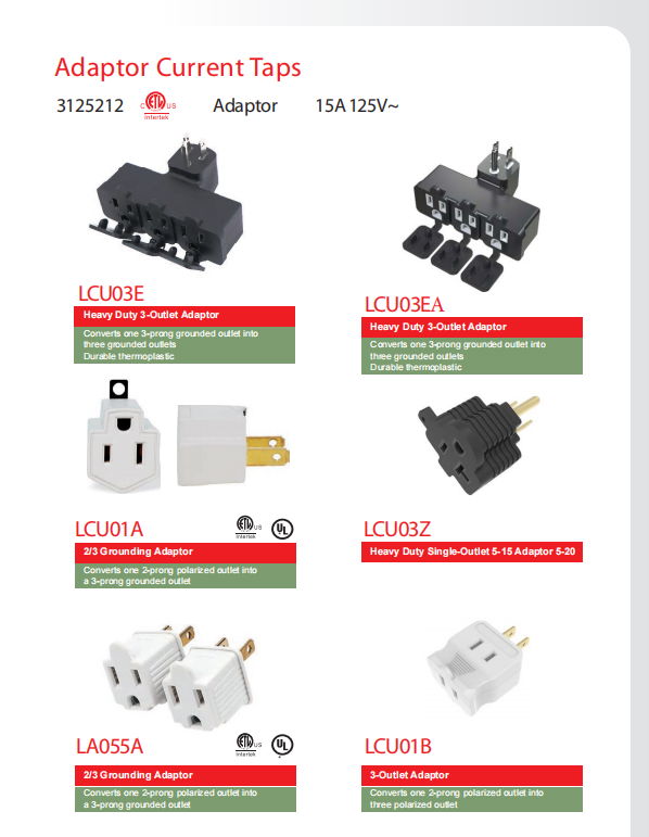 UL/ETL 15A 125V  Adaptor Current Taps 4