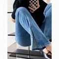 新款开叉微喇牛仔裤女复古蓝色紧身高腰显瘦拖地裤