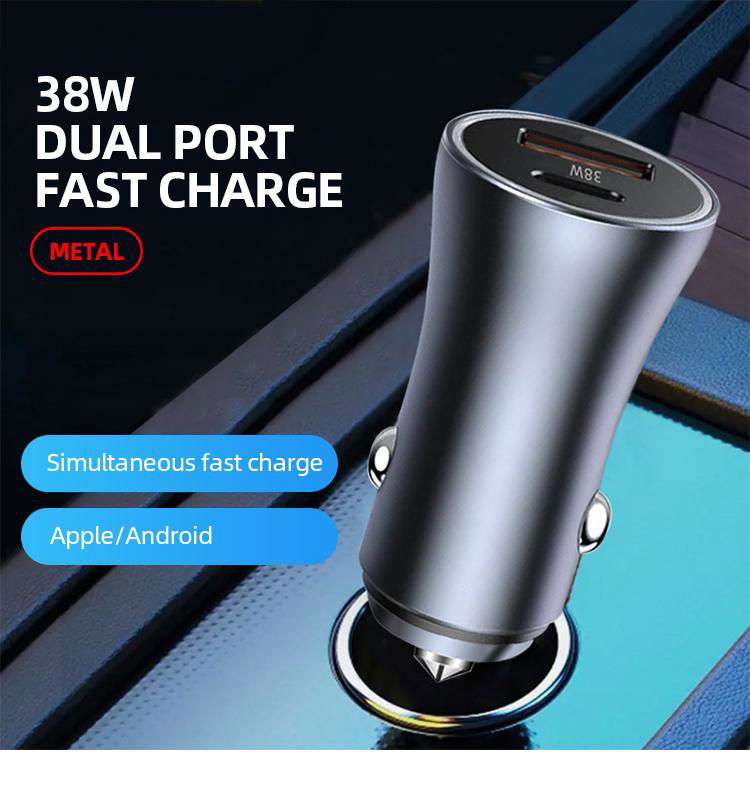 Dual Port USB Type C QC3.0 12V 24V Aluminum Metal 38W PD Phone Car Charger 3