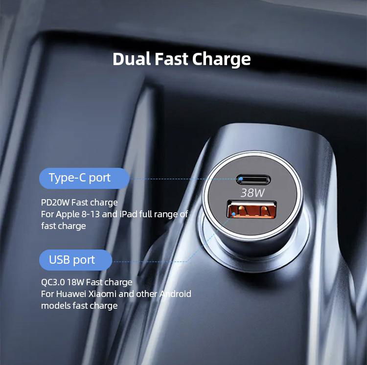 Dual Port USB Type C QC3.0 12V 24V Aluminum Metal 38W PD Phone Car Charger 4