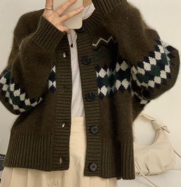Autumn new knitted cardigan women's short jacket jacquard sweater loose wear rou 2