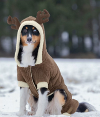 Teddy fleece dog coat with small  reindeer hood 