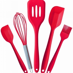 5 Piece Silicone Kitchen Utensil Tool Set Spatula Turner Whisk and Brush