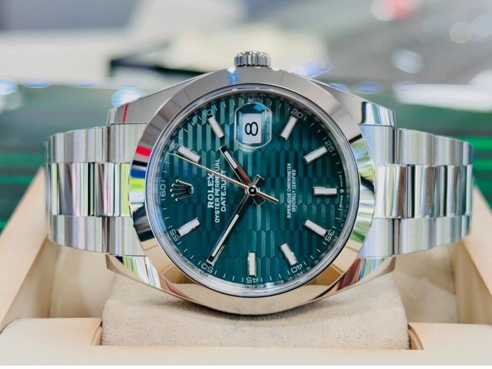 Rolex Datejust 41 126300 Mint Green Motif Dial Box and Papers Watch mens luxury 