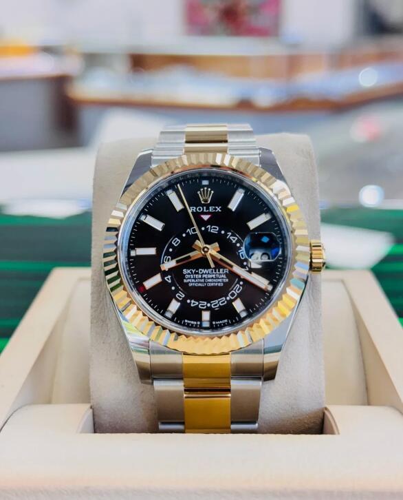 Rolex Sky-Dweller 336933 Black Dial 18K Yellow Gold / Steel Oyster Watch swiss 