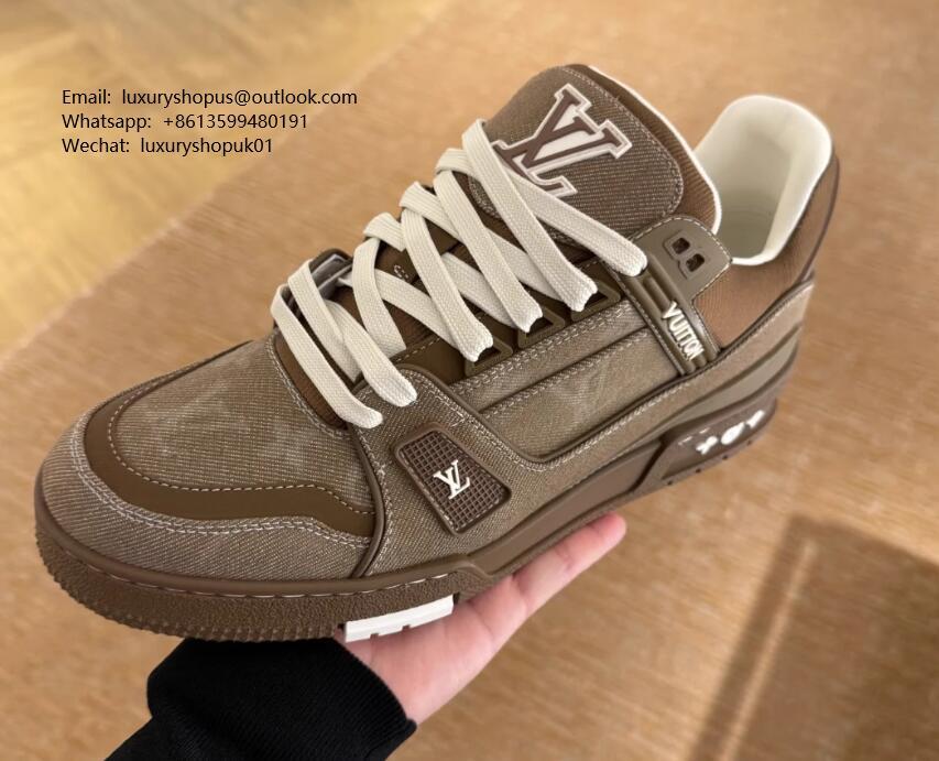 1AHT23 LV Trainer Sneaker Brown Louis Vuitton Virgil Abloh Monogram denim shoes