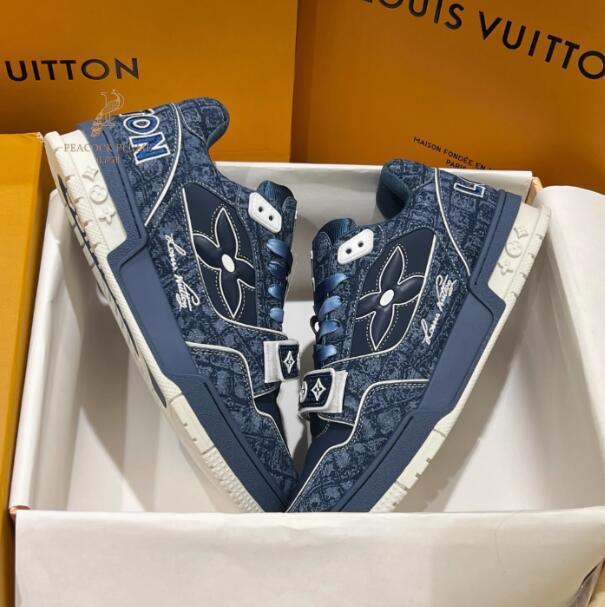 1ADE2V LV Trainer Sneaker denim embossed crocodile Louis Vuitton Monogram Flowers velcro strap basketball sneakers 