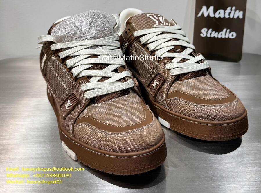 1ADE2V LV Trainer Sneaker denim embossed crocodile Louis Vuitton Monogram Flowers velcro strap basketball sneakers 