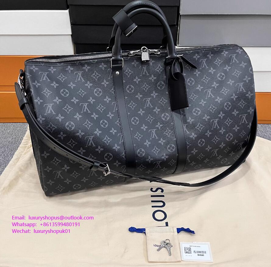 LV Louis Vuitton M40605 Keepall 55 Bandoulière Monogram Eclipse canvas Padlock weekend travel LV bags men handbag