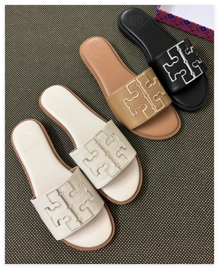 Tory Burch Eleanor slides leather logo-plaque open toe slip-on sandals shoes 