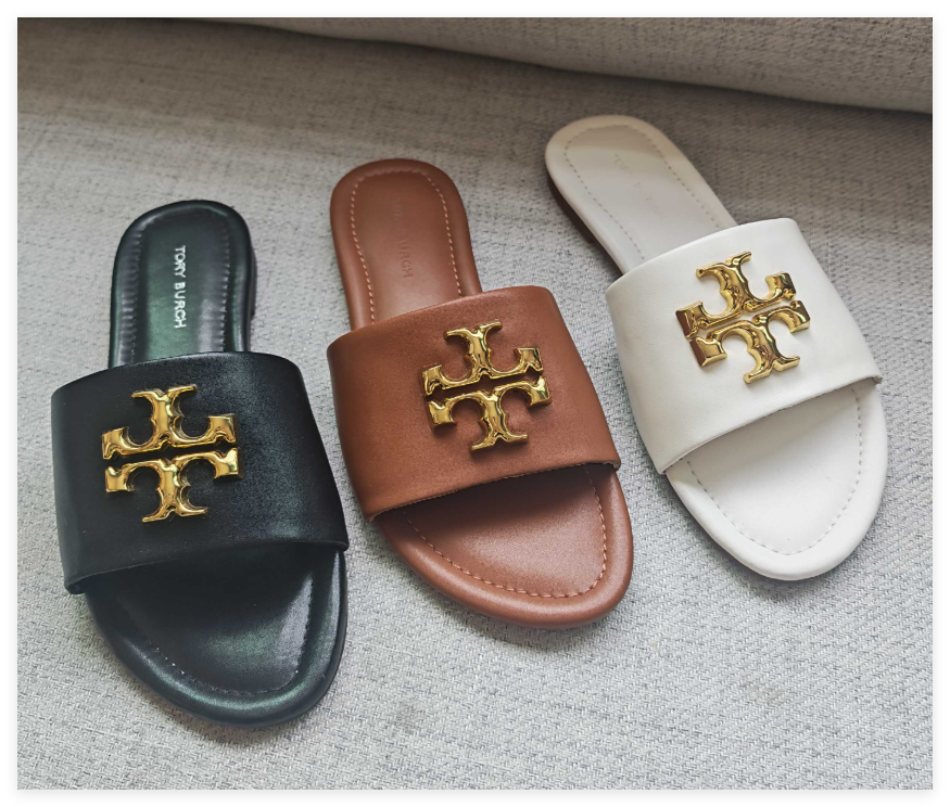 Tory Burch Eleanor slides leather logo-plaque open toe slip-on sandals shoes 