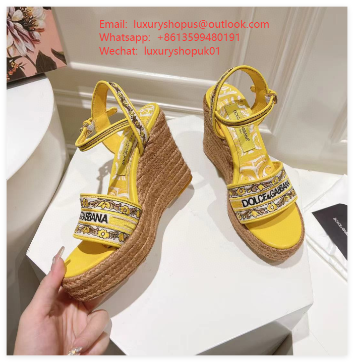 Dolce Gabbana Majolica leather-trimmed espadrille wedges Pump High heels Slides 