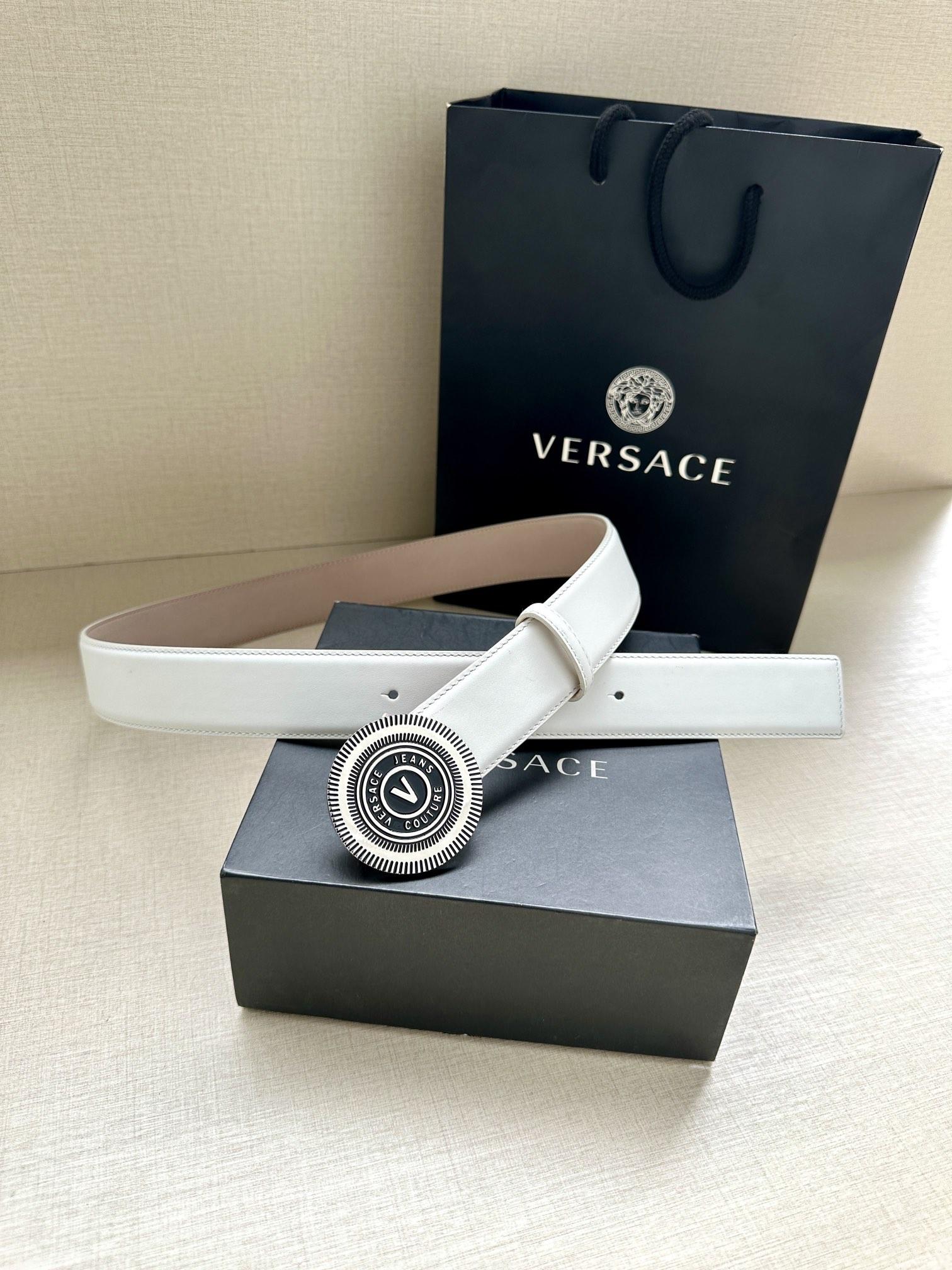 Versace Leather Logo Belt silvertone hardware Shop design luxury fashion buckle 