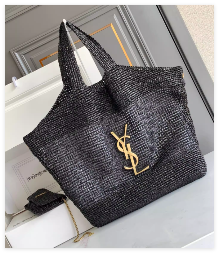 Saint Laurent Maxi Icare Tote Bag handwoven skilled strips raffia Toggle YSL SLP