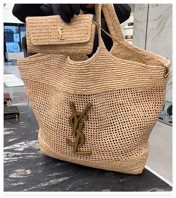 Saint Laurent Maxi Icare Tote Bag handwoven skilled strips raffia Toggle YSL SLP