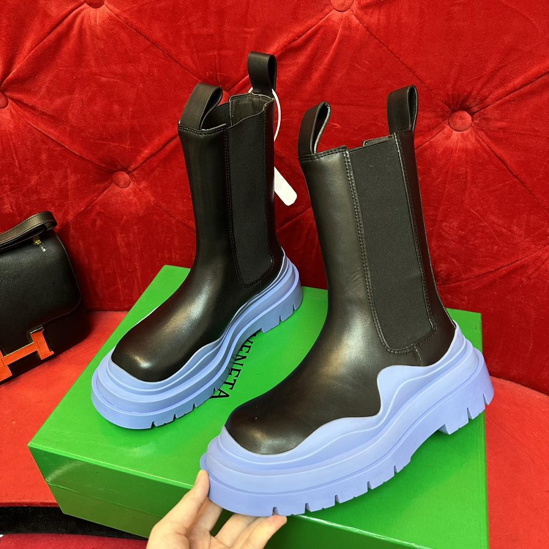 Bottega Veneta tire Platform Chelsea Boots Blue Calf-high buffed vegetable shoes