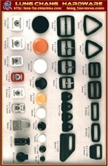 Plastic fasteners, badges, buckles   