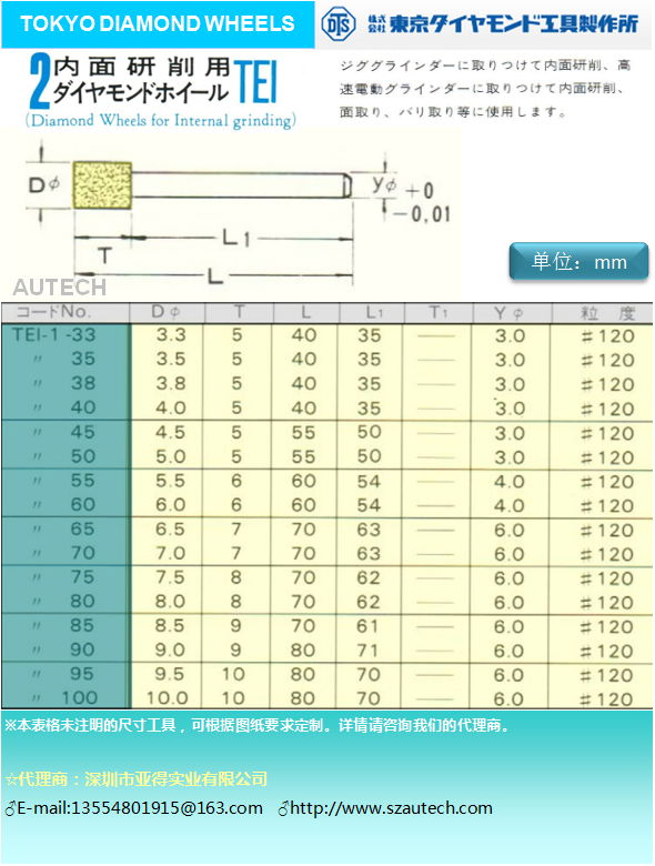 DTS内面研磨用轴付金刚石磨头