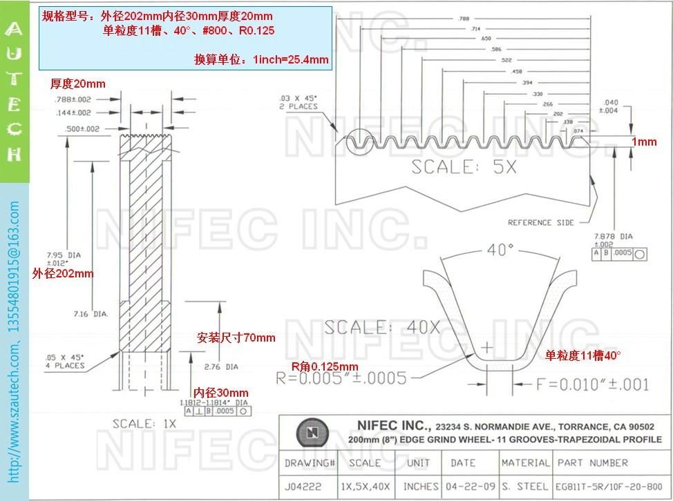 美國Nifec公司102mmO.D.4槽單粒度金屬結合劑倒角砂輪 