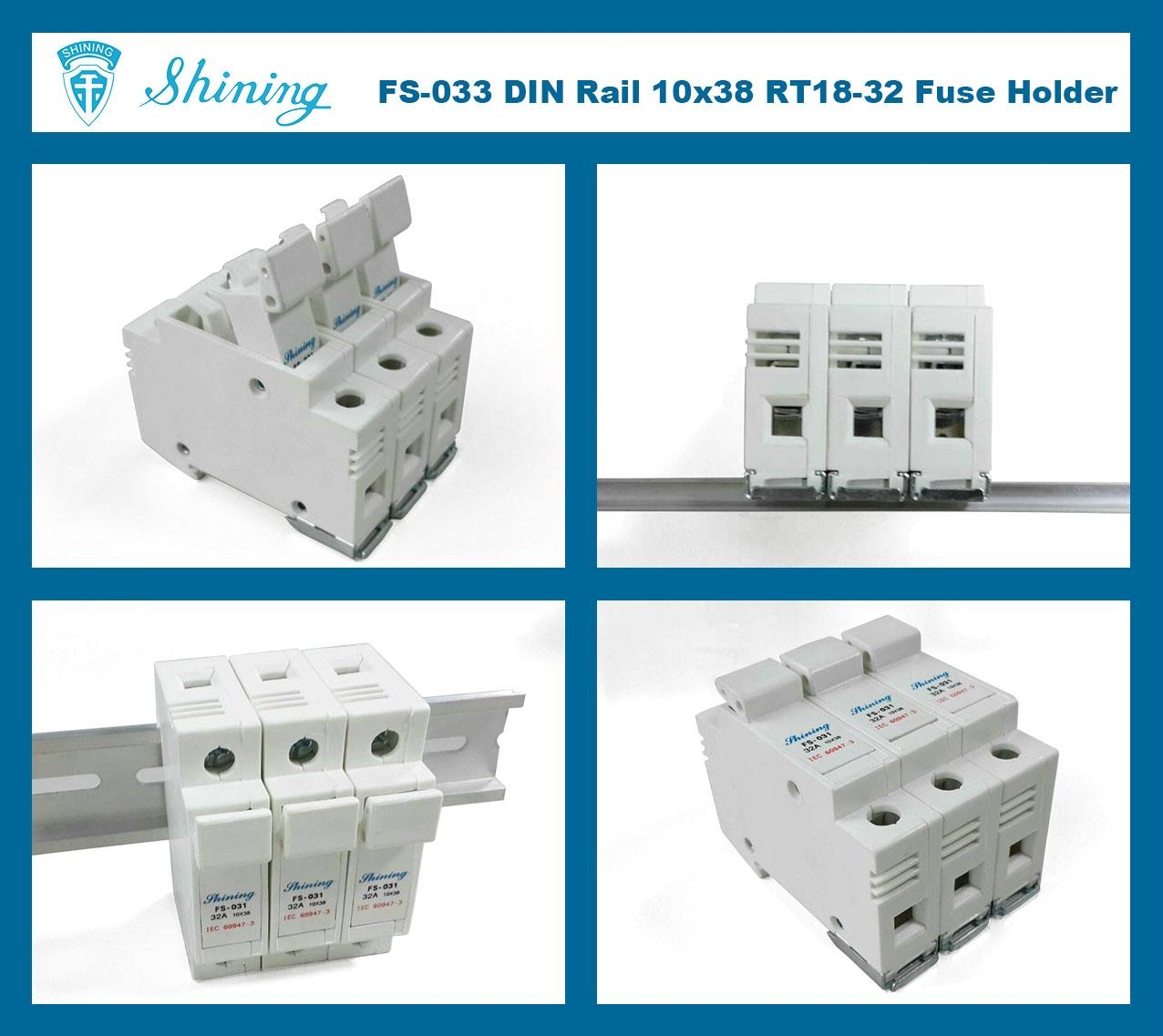 FS033 600V 32A 3 Pole DIN Rail Mounted Cylindrical Fuse Carrier FS