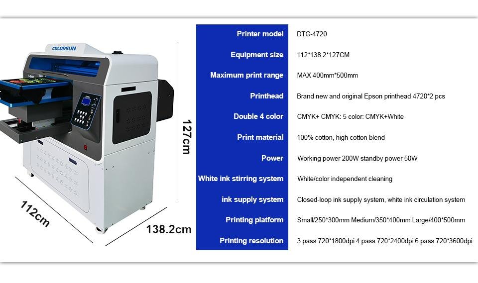 Colorsun快速8色自動A3 +大小T卹平板打印機4720 DTG 4