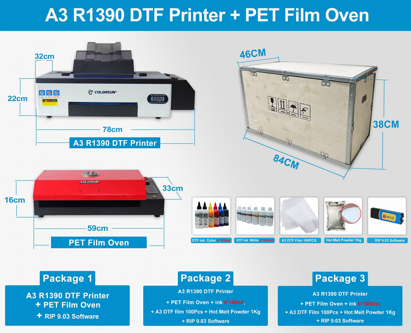 A3 R1390 DTF Printer  +  PET Film Oven   package price 4