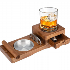 Solid wood cigar ashtray with drawer with whiskey cigar tray