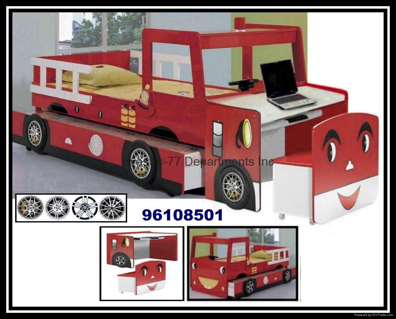 Wood Kid's Fire Engine Car Bunk Bed with Desk and Chest Chair 2