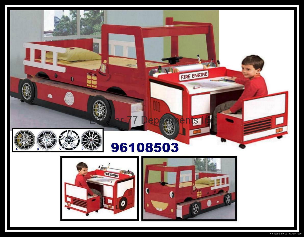 Wood Kid's Fire Engine Car Bunk Bed with Desk and Chest Chair