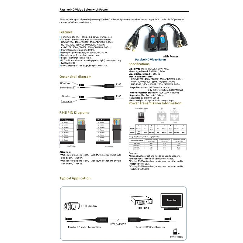 8MP CCTV Passive Coax UTP Camera Video Power Cable Balun Transceiver RJ45 PV216 3