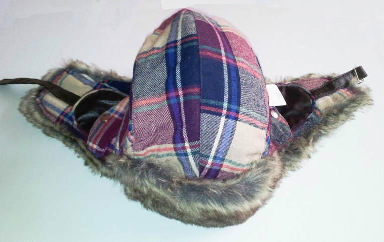 Winter Plaid Trooper Hat /Fashion fabric With Faux Fur Earflap Warm Hat