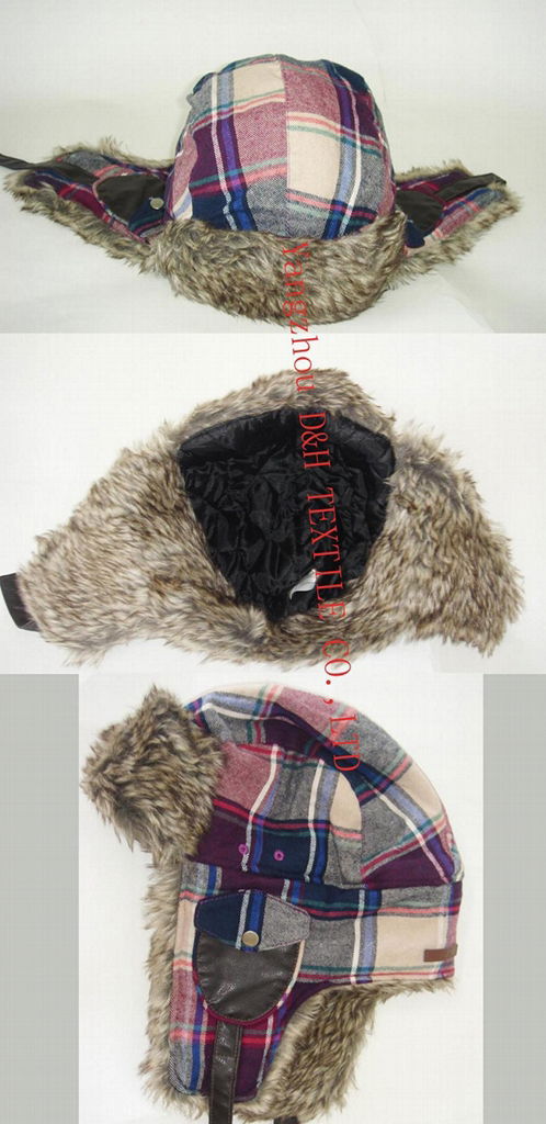 Winter Plaid Trooper Hat /Micro Fiber With Faux Fur Earflap Warm Hat 2