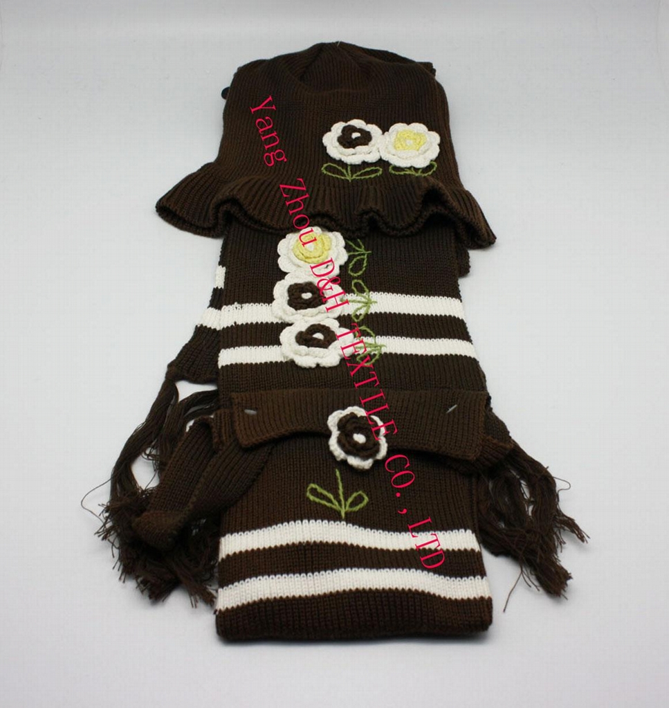 Lady Fashional Hook Flower Knitted 3 piece Set/Knitted Hat/ Knitted Gloves 3