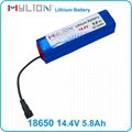 18650 4S2P 14.4V 5.8ah rechargeable lithium ion battery with waterproof plug