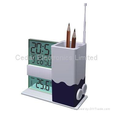 LCD Calendar Clock with FM Radio and Penholder