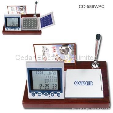 Wooden Base LCD Calendar Calculator with World Time Clock