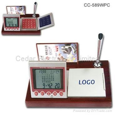 Wooden Base LCD Calendar Calculator with World Time Clock 2