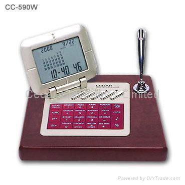 Wooden Desktop LCD Calendar Calculator with World Time Clock