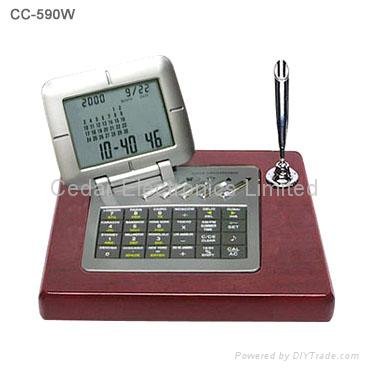 Wooden Desktop LCD Calendar Calculator with World Time Clock 2