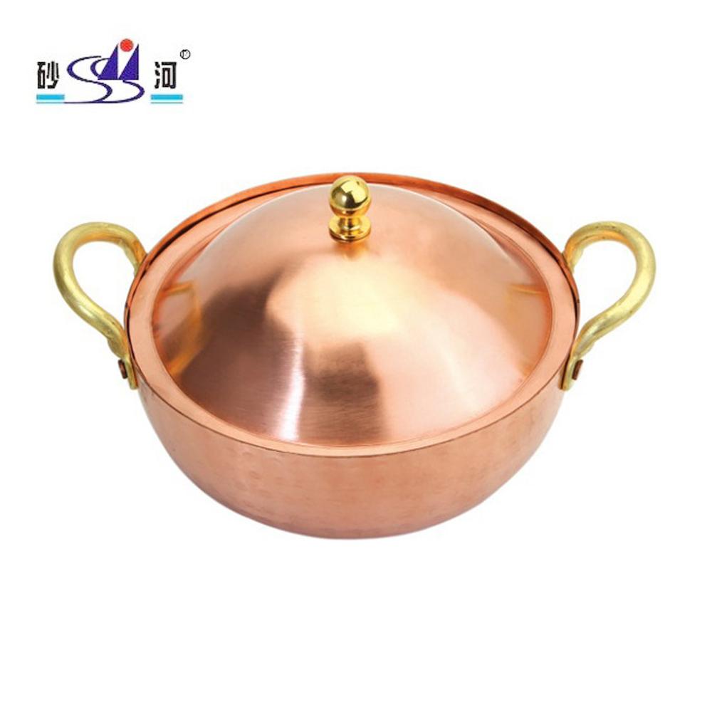 kitchen utensils red copper flat bottom sauce pan with double handle with cover 2