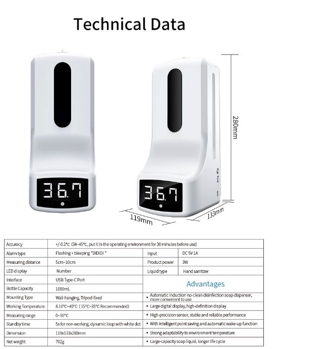 Wall mounted hand temperature measurement K9 thermometer sensor liquid soap disp 3