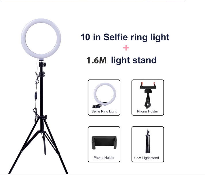 Taiworld 10 Inch Led Selfie Photography Dimmable Selfie Ring Light with 1.6M Tri 2