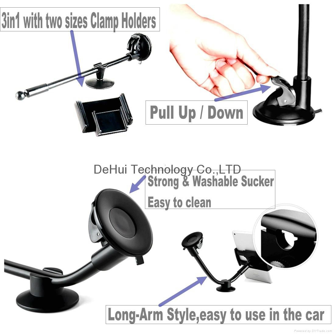 Universal 3in1 Long Arm Car Mount For Smart phone(3.5-5.5inch)/Tables(7-8inch)  3