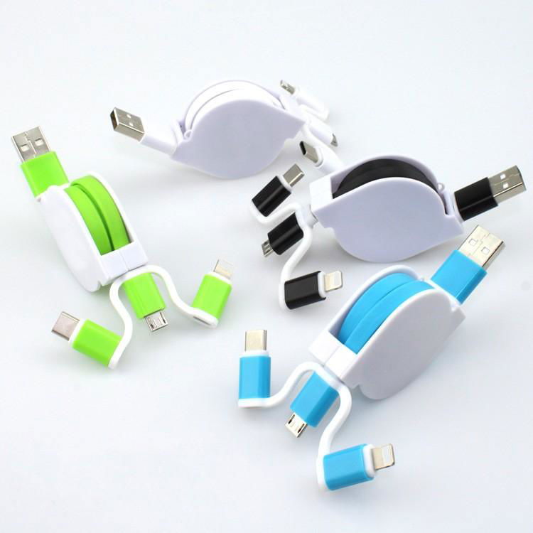 3-in-1 Retractable USB Cables(Lighting + Type-C + Micro USB) 2A Fast Charge 2