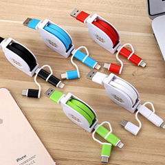 3-in-1 Retractable USB Cables(Lighting + Type-C + Micro USB) 2A Fast Charge