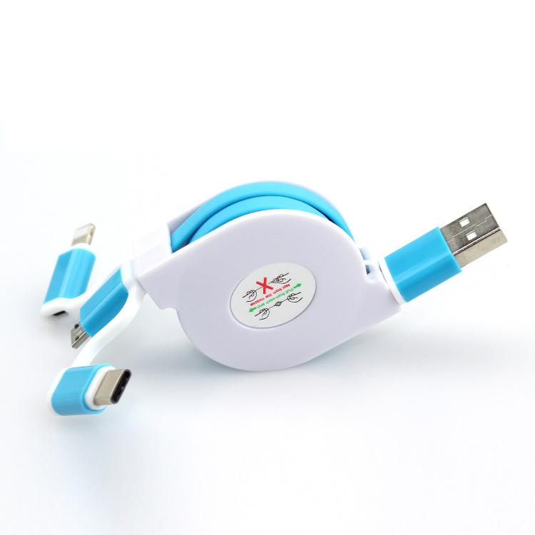 3-in-1 Retractable USB Cables(Lighting + Type-C + Micro USB) 2A Fast Charge 4