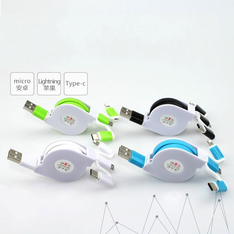 3-in-1 Retractable USB Cables(Lighting + Type-C + Micro USB) 2A Fast Charge 3